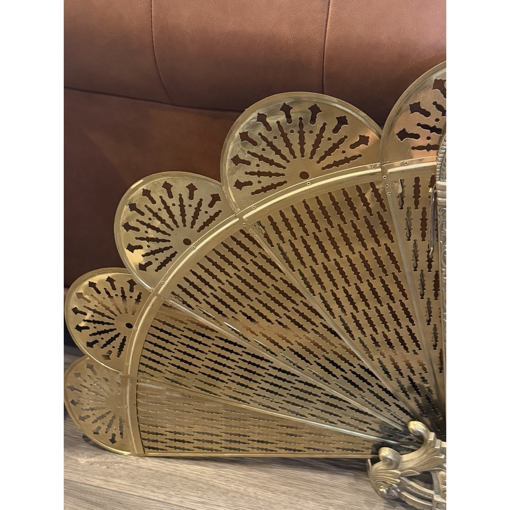 Vintage Art Deco Brass Peacock Fan Fireplace Screen Figural Filigree Goddess - Picture 10 of 16